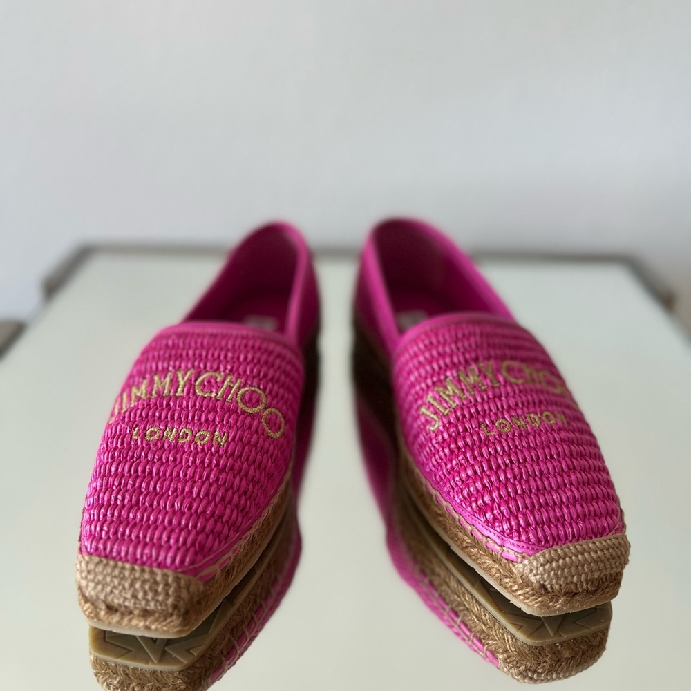New JIMMY CHOO Brie Flat logo raffia espadrilles $595 37 - Picture 6 of 12